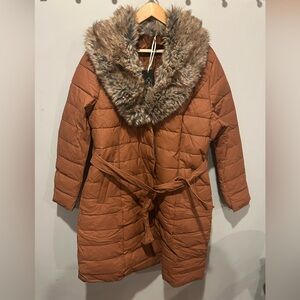 NWT Brown Quilted trench Coat with detachable Faux Fur Collar